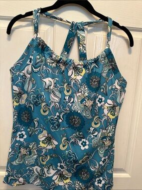 Floral Teal Knit Halter Tank Top - Women's Built-In Bra